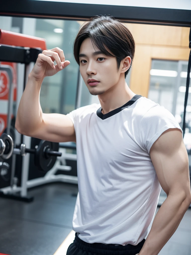 Korean man, Inspiration from Peng Yuyan, 30 years old, 236 years old, Cute Korean Face, 35 yo, 33 year old Korean muscular man,Gym in the background, black t-shirt