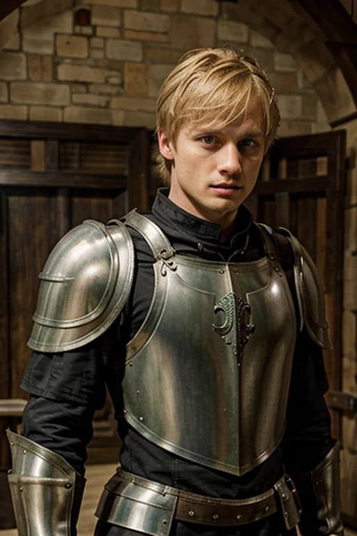 Bradley James, (blonde hair) green eyes, black clothes,(hot) (armor) (medieval)