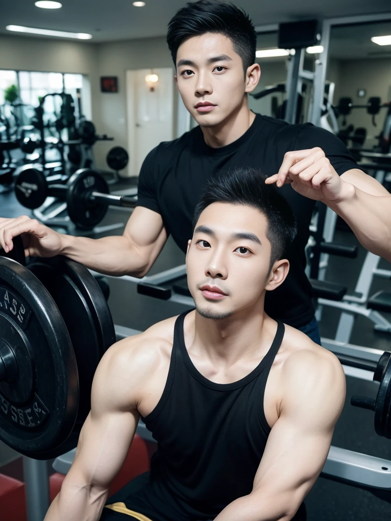 Korean man, Inspiration from Peng Yuyan, 30 years old, 236 years old, Cute Korean Face, 35 yo, 33 year old Korean muscular man，Gym in the background, black t-shirt
