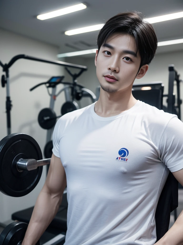 Korean man, Inspiration from Peng Yuyan, 30 years old, 236 years old, Cute Korean Face, 35 yo, 33 year old Korean muscular man,Gym in the background, black t-shirt