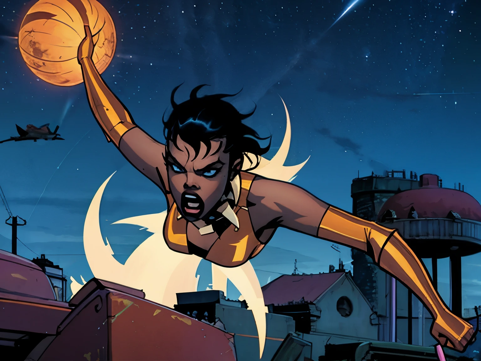 Vixen from DC comics, screaming, getting thrown away, night time, night sky background