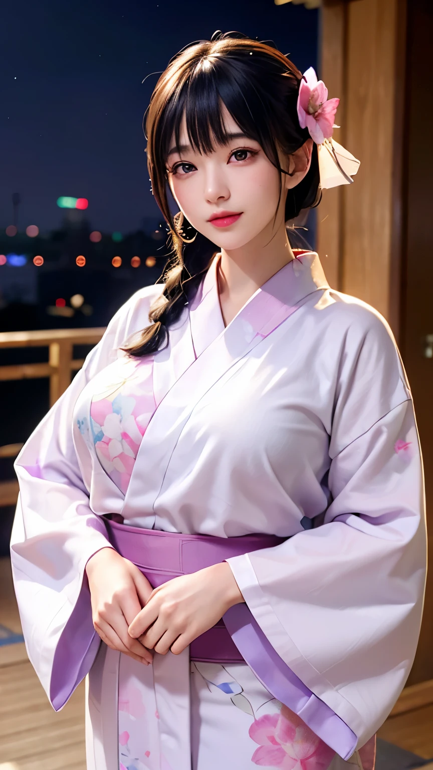 (logo、masterpiece、8K、Tabletop、RAW Photos、wonderful、最high quality、フォトリアリスティックでVery detailedな CG 複合 8K 壁紙、high quality、Very detailed、Narrative poem、Particle Effects、Dynamic Effects、Depth of the Boundary、Cinematic Light、Lens flare、Ray Tracing)、 (One beautiful woman wearing a yukata、White yukata、Light purple pattern)、Black-haired、High definition skin、Very fine、Fine skin texture、Beautiful Face、True Face、Beautiful details in the eyes、Realistic eyes、Beautifully detailed eyes、Realistic Skin、Beautiful Skin、Surreal、Smiling Eyes、Hair and light eyes、vivid、Colorful lights and bokeh、plump lower lip、Pink Lips、Hair flutters in Wind、Hair bounces、wonderful景色、night、evening、Wind、moonlight、moonlight、light