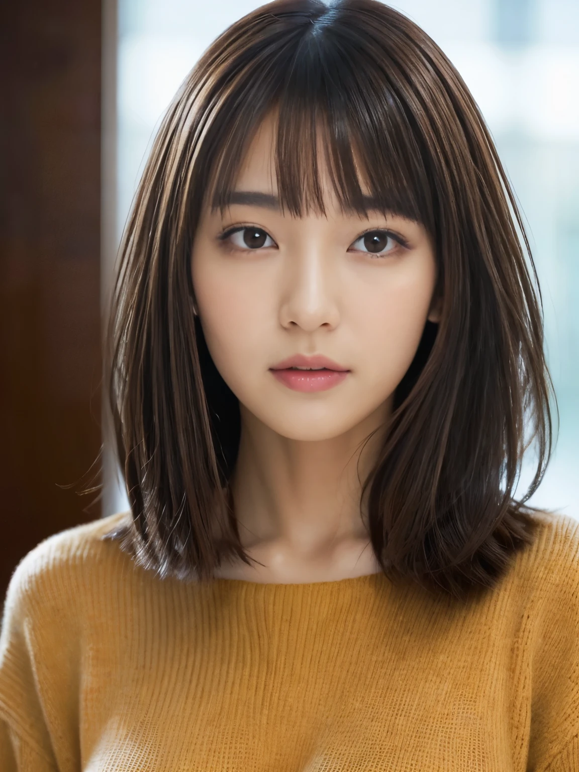 (masterpiece:1.3)、(8K、Photorealistic、Raw photo、Highest quality: 1.4)、(1 Japanese girl)、Beautiful Face、(A vivid face)、(Brown Hair:1.5)、(Medium Hair)、Beautiful hairstyle、（One eye is hidden by bangs：1.5）、Realistic brown eyes、Beautiful details、（Realistic Skin）、Beautiful skins、（Black sweater）、Absurd、attractive、Embarrassing、High resolution、Surreal、High definition、Golden Ratio
