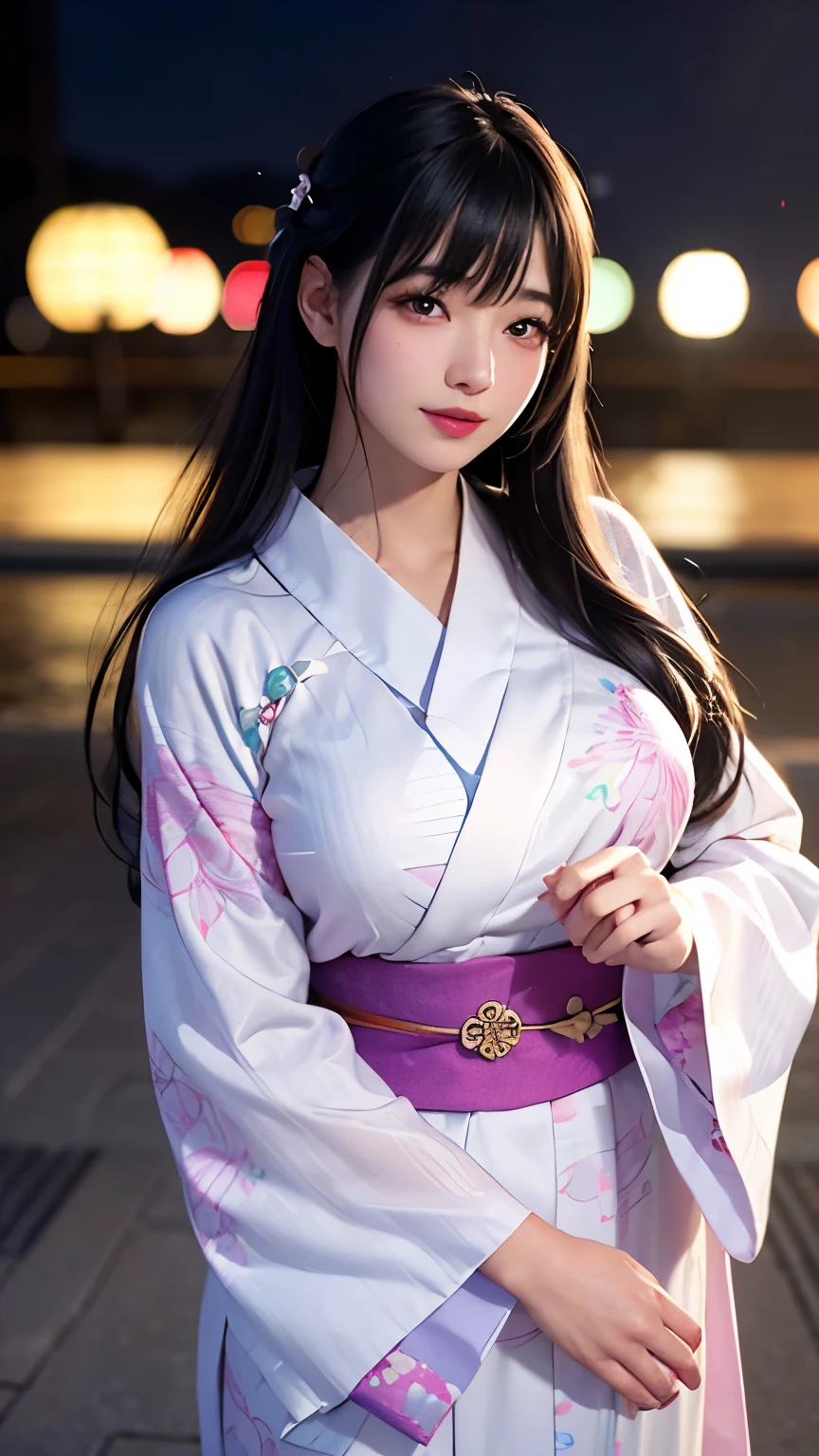 (logo、masterpiece、8K、Tabletop、RAW Photos、wonderful、最high quality、フォトリアリスティックでVery detailedな CG 複合 8K 壁紙、high quality、Very detailed、Narrative poem、Particle Effects、Dynamic Effects、Depth of the Boundary、Cinematic Light、Lens flare、Ray Tracing)、 (One beautiful woman wearing a yukata、White yukata、Light purple pattern)、Black-haired、High definition skin、Very fine、Fine skin texture、Beautiful Face、True Face、Beautiful details in the eyes、Realistic eyes、Beautifully detailed eyes、Realistic Skin、Beautiful Skin、Surreal、Smiling Eyes、Hair and light eyes、vivid、Colorful lights and bokeh、plump lower lip、Pink Lips、Hair flutters in Wind、Hair bounces、wonderful景色、night、evening、Wind、moonlight、moonlight、light