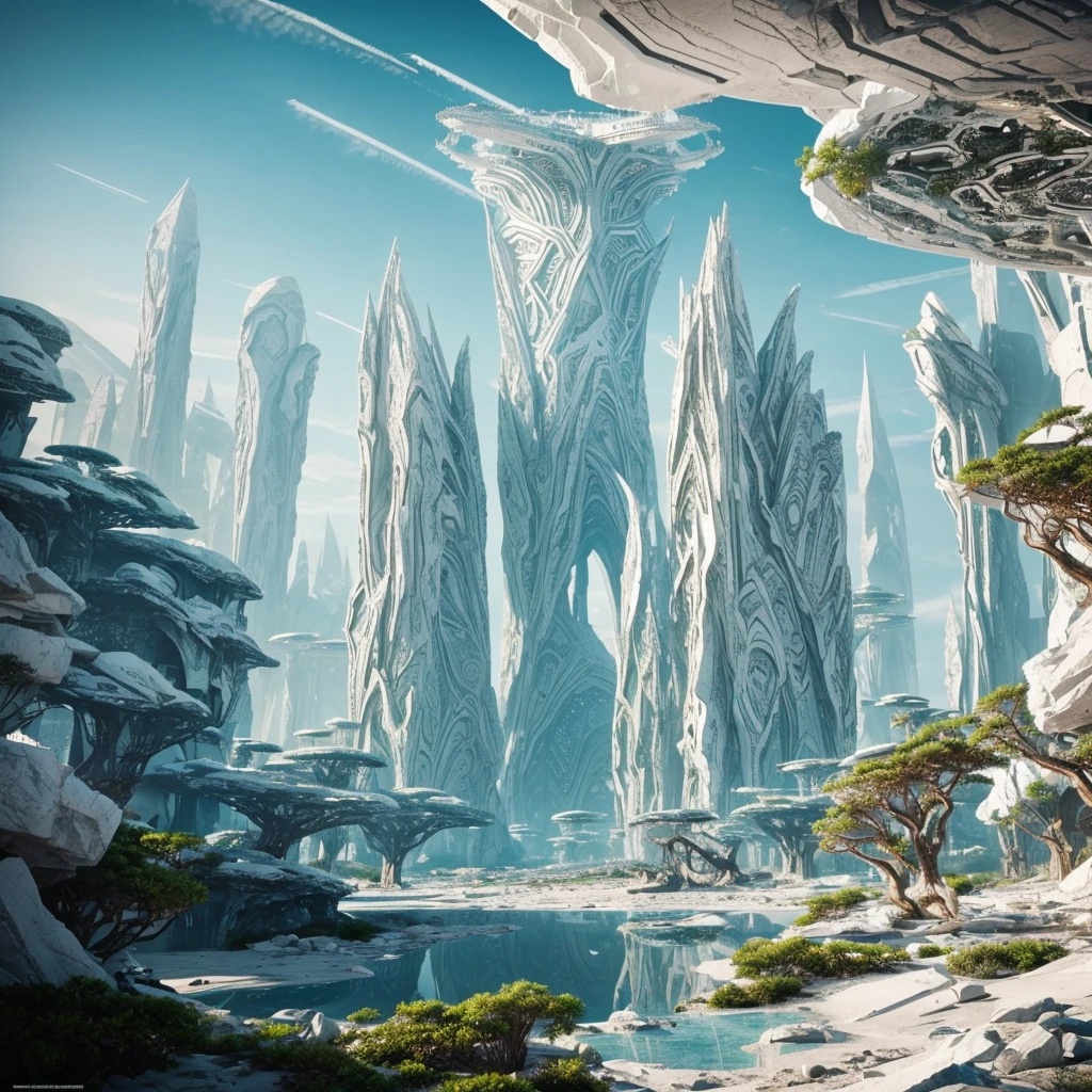a lush alien landscape, pristine white metallic forerunner architecture, dramatic terrain, exotic flora, futuristic and otherworldly environment, intricate designs, glowing elements, sleek and towering structures, advanced technology, photo-realistic, 8k, highly detailed