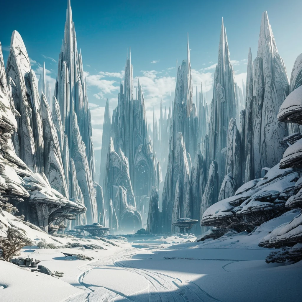 a lush alien landscape, pristine white metallic forerunner architecture, dramatic terrain, exotic flora, futuristic and otherworldly environment, intricate designs, glowing elements, sleek and towering structures, advanced technology, photo-realistic, 8k, highly detailed