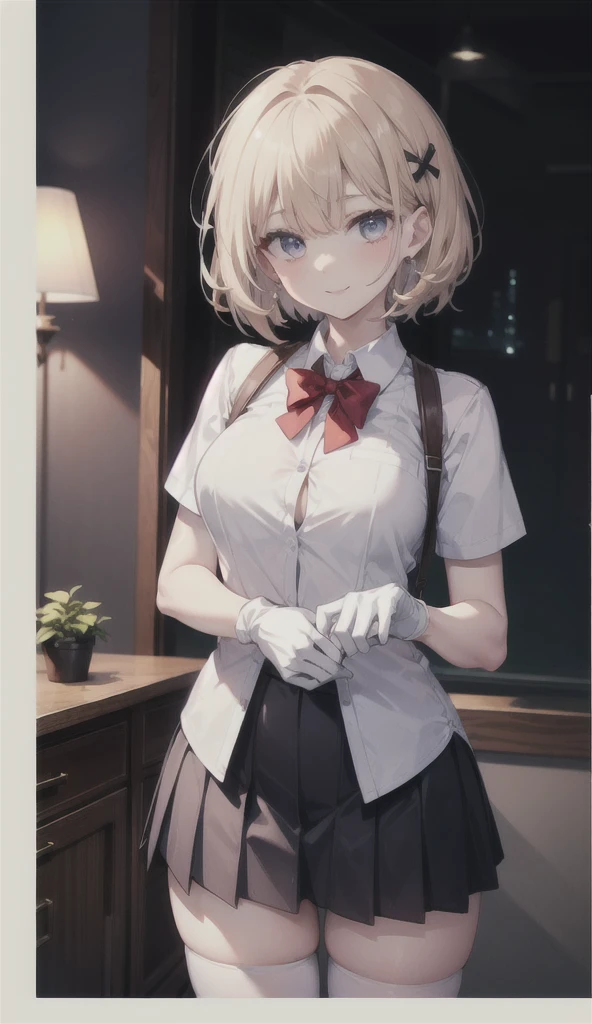 (8K, RAW photos, best quality, masterpiece:1.2), (Practical, photo-Practical:1.37), Extremely detailed,
1 girl,Lovely, Solitary,Beautiful and detailed sky,(Red and swollen nose),(Smile:1.1),(Shut up),Large Breasts, seductive Smile, Big Apartment, Professional lighting, Sony A7R4, Jersey 50mm F1.8,
Medium breasts,Beautiful and delicate eyes,(Collared shirt:1.1), bow tie,Pleated Skirt,(short hair:1.2),Flowing hair ,Long hair,White gloves,Eyes with highlights,miniskirt,White stockings