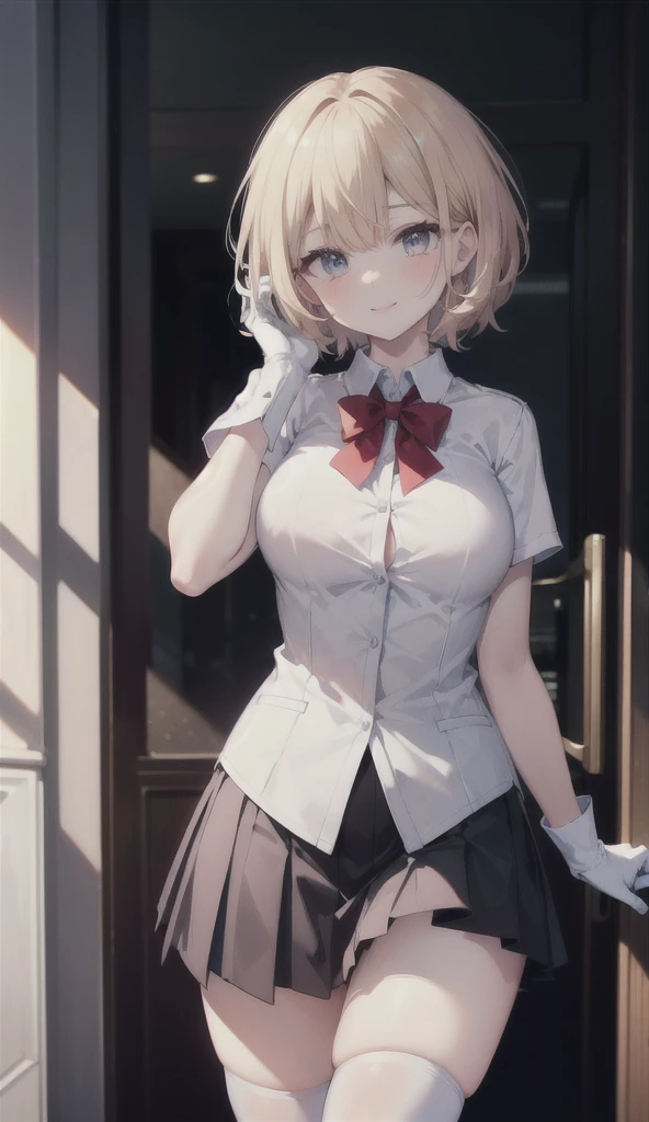 (8K, RAW photos, best quality, masterpiece:1.2), (Practical, photo-Practical:1.37), Extremely detailed,
1 girl,Lovely, Solitary,Beautiful and detailed sky,(Red and swollen nose),(Smile:1.1),(Shut up),Large Breasts, seductive Smile, Big Apartment, Professional lighting, Sony A7R4, Jersey 50mm F1.8,
Medium breasts,Beautiful and delicate eyes,(Collared shirt:1.1), bow tie,Pleated Skirt,(short hair:1.2),Flowing hair ,Long hair,White gloves,Eyes with highlights,miniskirt,White stockings