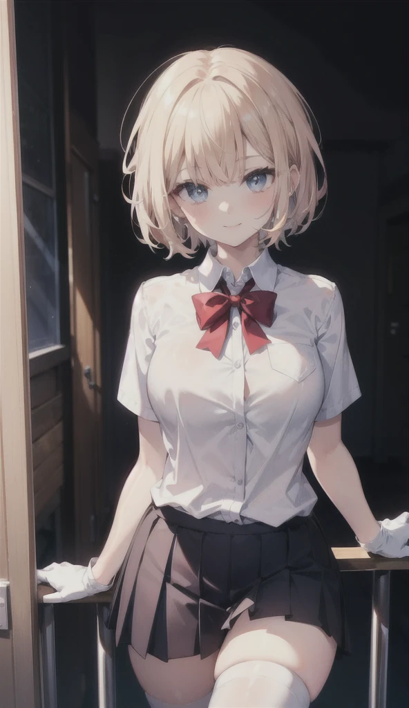 (8K, RAW photos, best quality, masterpiece:1.2), (Practical, photo-Practical:1.37), Extremely detailed,
1 girl,Lovely, Solitary,Beautiful and detailed sky,(Red and swollen nose),(Smile:1.1),(Shut up),Large Breasts, seductive Smile, Big Apartment, Professional lighting, Sony A7R4, Jersey 50mm F1.8,
Medium breasts,Beautiful and delicate eyes,(Collared shirt:1.1), bow tie,Pleated Skirt,(short hair:1.2),Flowing hair ，Long hair，White gloves，Eyes with highlights，miniskirt，White stockings