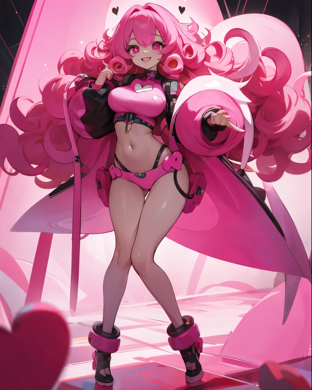 Woman, pink hair, curly hair, long hair, pink eyes, heart shaped pupils, full body picture, insane smile on face