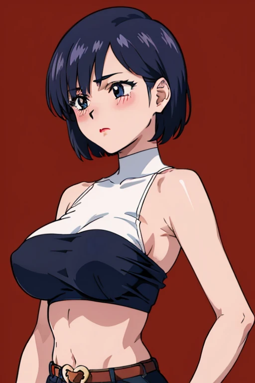 (beautiful detailed eyes, beautiful detailed face, perfect detailed body), mikictr, 1girl, solo, black eyes, short hair, closed mouth, lipstick, blush, large breasts, crop top, no bra, midriff, navel, upper body:1.5, standing, belt, blue short shorts, simple background