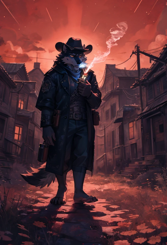(((Barefoot furry character, full body, cinematic setting, furry male, plantigrade)))
portrait, ((mysterious stranger black long fur wolf gunslinger)), ((holding smoking gun)), ((holding revolver)), abandoned town, alone ,strange, surreal, desolate, ghostly, eerie, lonely, solitude, short red cloak,red glowing eyes, fantastical, dangerous,night sky,red sky, cinematic lighting, volumetric lighting, Film grain, cinematic film still, shallow depth of field, highly detailed, (western atmosphere), black cowboy hat
BREAK, intricate details, highly detailed, extreme detail, octane render, fine art, best quality, highres, (detailed face:1.5), ((full_body)), UHD, (((perfect hands))), low light