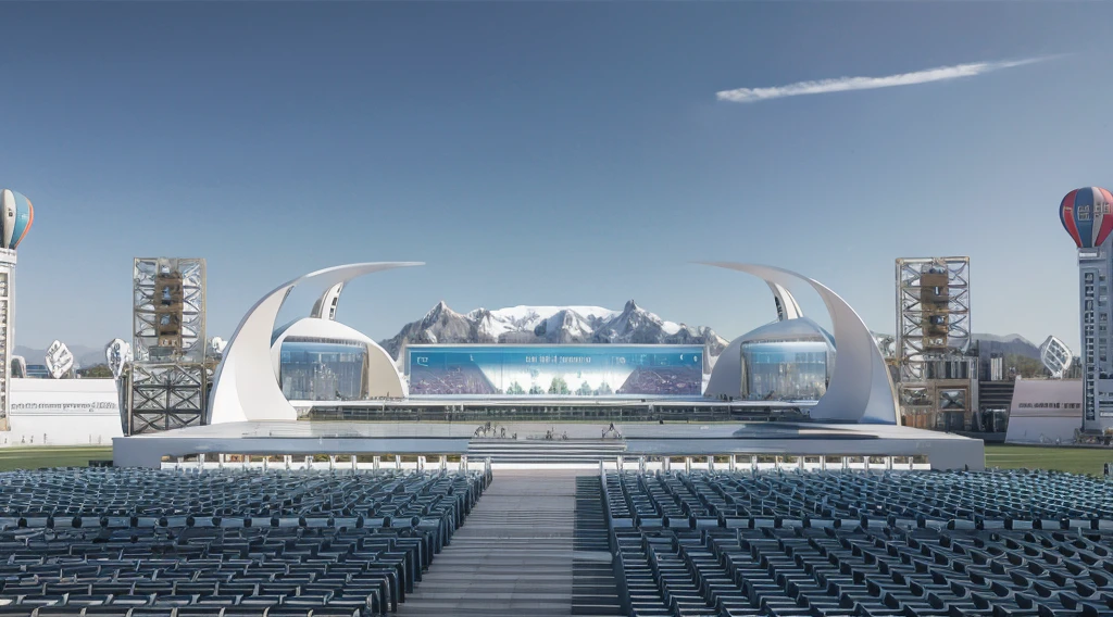 masterpiece，C4D，OC Renderer，high quality，Bright hues，Outdoor event stage design 3D rendering, Tibet, LED screen, two red podiums and blue seats, Grass, chairs, mountains, hot air balloon, snow, mountains, white, panoramic view