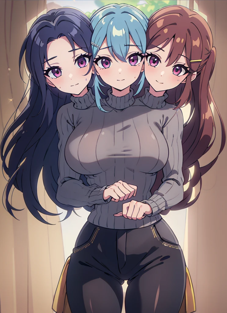 (masterpiece, best quality), best resolution, (3heads:1.5), 1girl,(vivid sky blue hair), (red orange hair), (violet purple hair), same eye color as the hair, smiling, giggling, friendly, inviting, ((very shy expression)), mature look, (dark gray turtleneck sweater), black long pants, vibrant colors, long hair, (hair clip), ((sharp looking eyes))