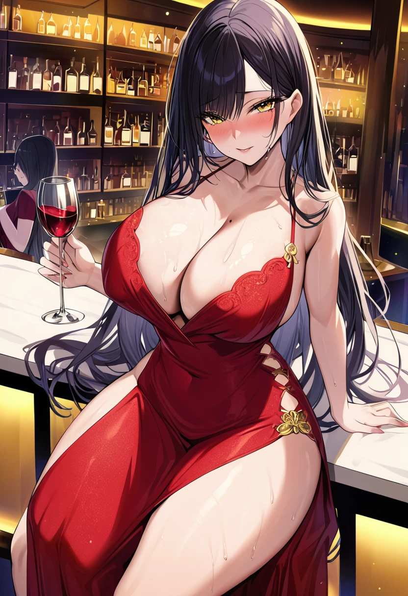 Adult female, milf, busty, hidden hourglass figure, sexy red dress, messy and long black hair, golden yellow irises, defined black pupils, seductive, blushing, casino, drinking wine at bar, sitting at bar, night, perfect eyes, highly detailed, best detail, high quality