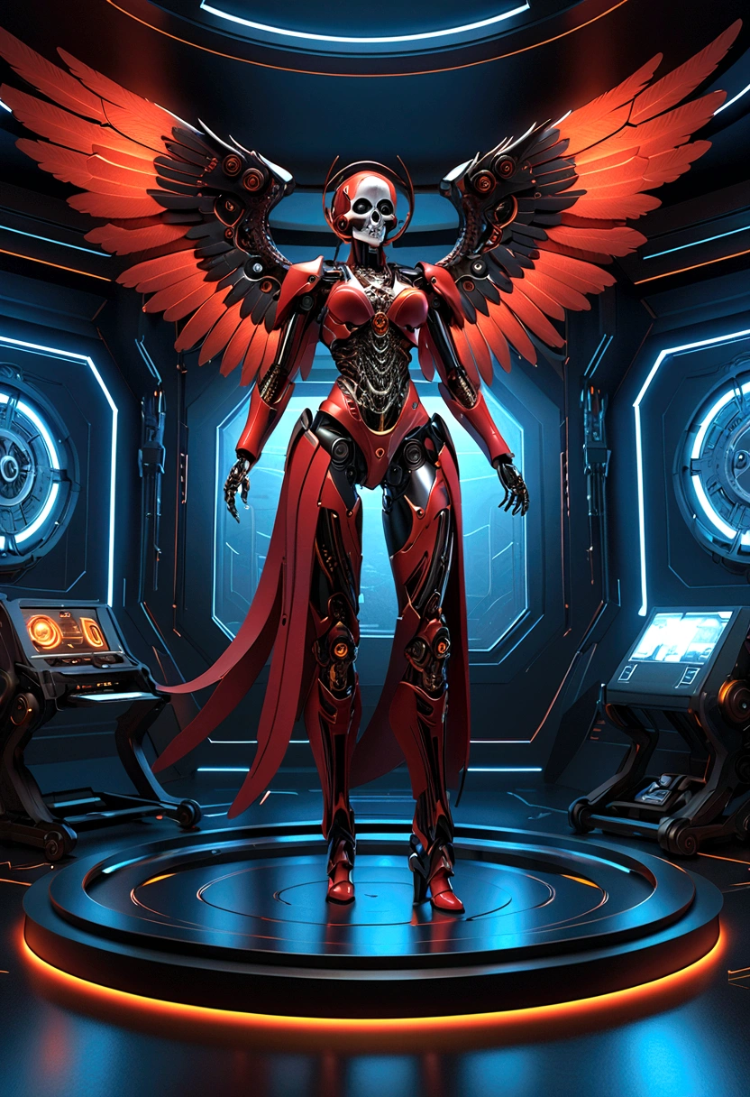 Intricate 3d rendering ultra-detailed beautiful angel of death, biomechanical robot, Futuristic Room