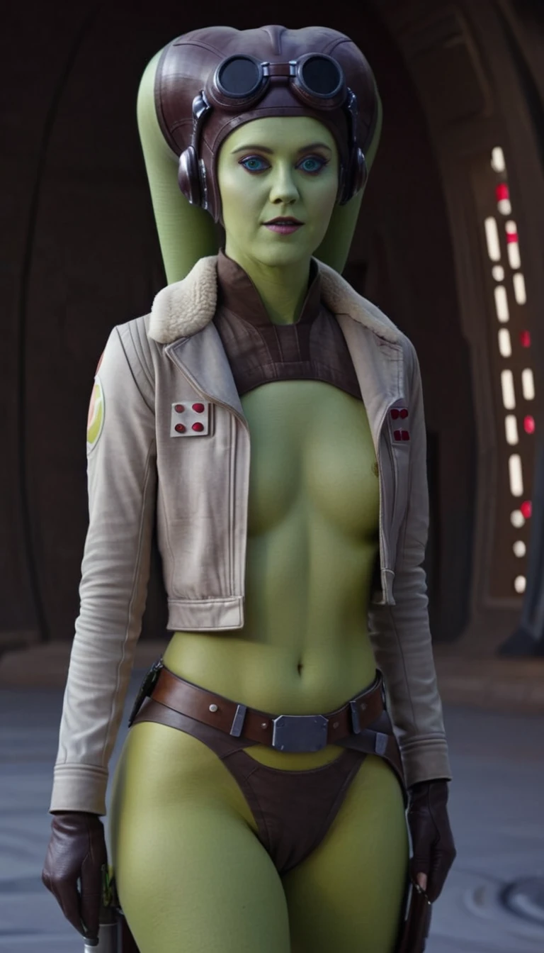 A beautiful, sensual green-skinned woman, Hera Syndulla, nude , (detailed realistic,4k,highres,masterpiece:1.2), (NO JACKET), cinematic lighting, dramatic shadows, intricate anatomy, flawless skin, mesmerizing gaze, dynamic pose, star wars imperial logo tattoos ON STOMACH