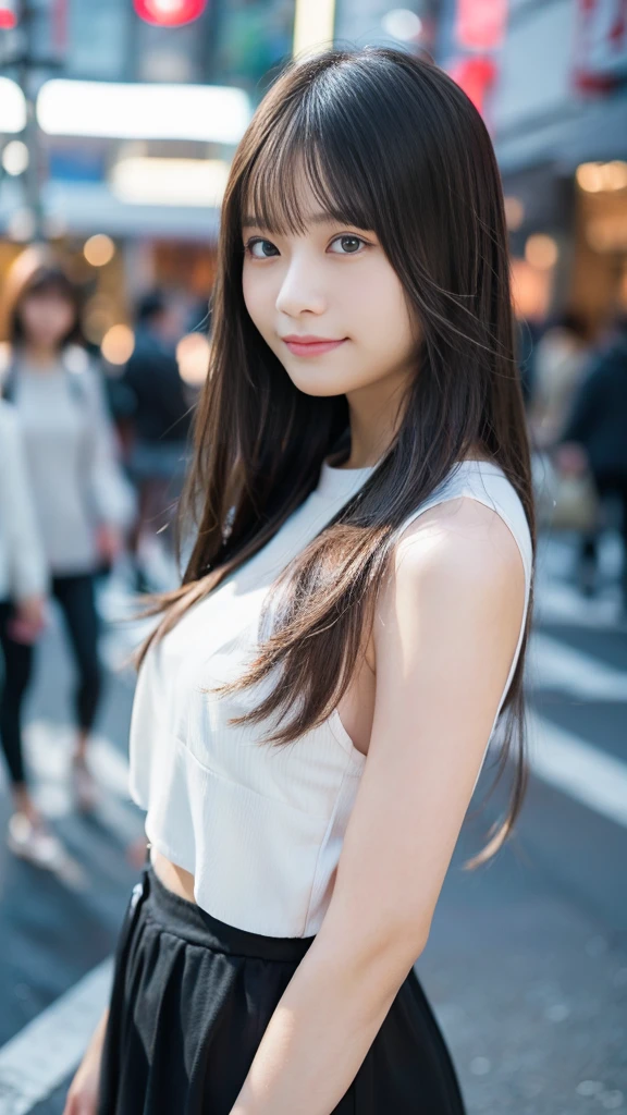 女の子1人、on tokyo street、A city scape、The upper part of the body、a closeup、A smile、、(8K、Raw photography、top-quality、masterpiece:1.2)、(realisitic、photoRealstic:1.37)、Highly detailed eyelash drawing、(((Top image quality))),Colossal 、Fine skin, (Beautiful hair), (Perfect Anatomy), (Realistic), (Dynamic Angle), Pose Seductive,Perfect,Sensual look、top-quality、hight resolution、