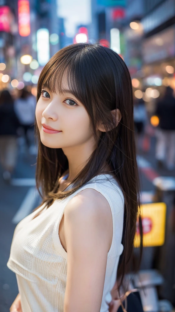 女の子1人、on tokyo street、A city scape、The upper part of the body、a closeup、A smile、、(8K、Raw photography、top-quality、masterpiece:1.2)、(realisitic、photoRealstic:1.37)、Highly detailed eyelash drawing、(((Top image quality))),Colossal 、Fine skin, (Beautiful hair), (Perfect Anatomy), (Realistic), (Dynamic Angle), Pose Seductive,Perfect,Sensual look、top-quality、hight resolution、