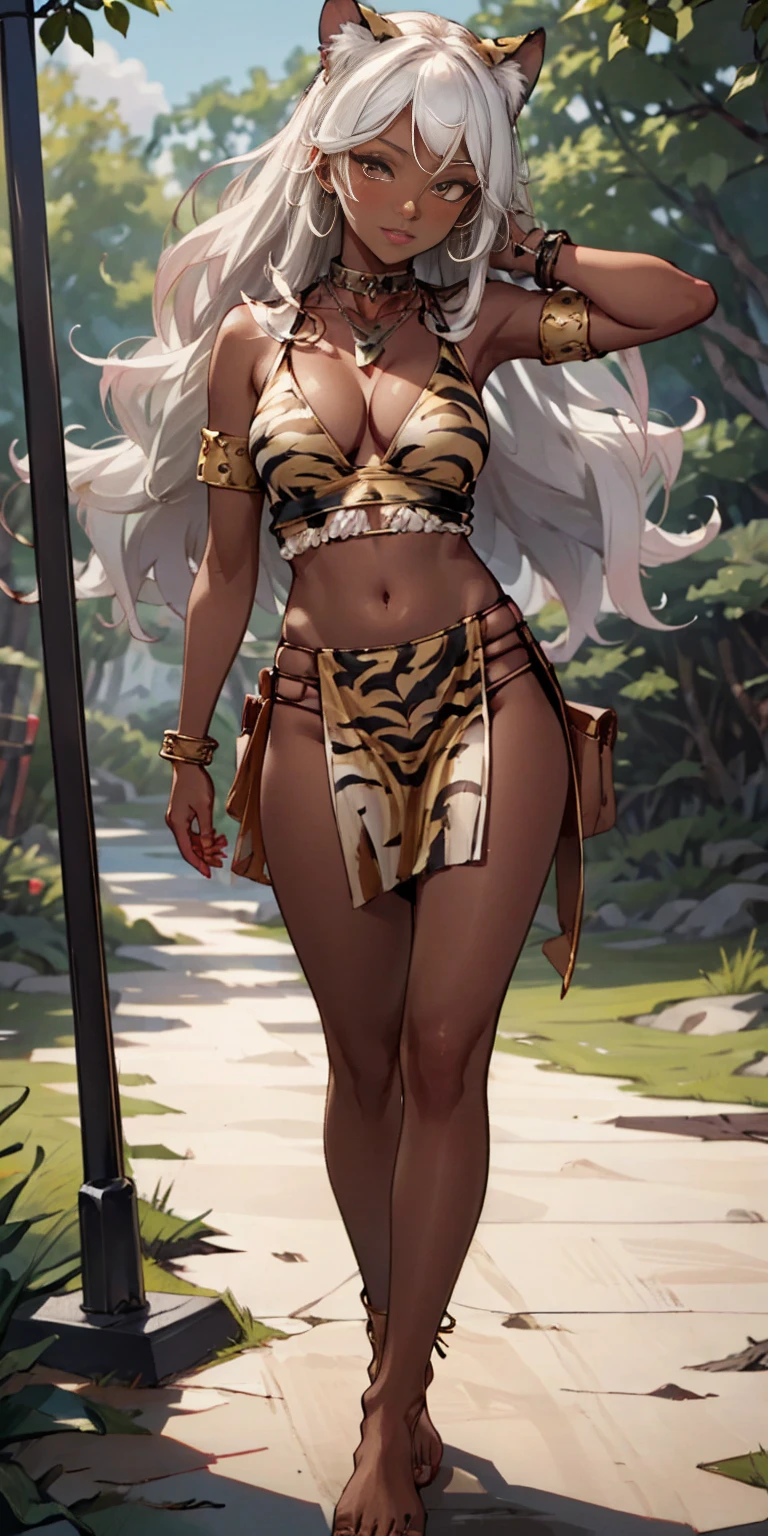 (Masterpiece, best quality, intricate details, 1sologirl) iron collar, arms behind back, iron cuffs, shackles, leather collar choker neck bell, bound ((standing by wooden pole:1.2)) ((female Black Dark skin Gyaru)) show entire body frontal position, feet in view, realistic, gorgeous 16y.o. darkest skinned mixed race female, black African, transparent black pantyhose, legs open, museum,barefoot no shoes, looking to viewer straight symmetrical, white silver long hair