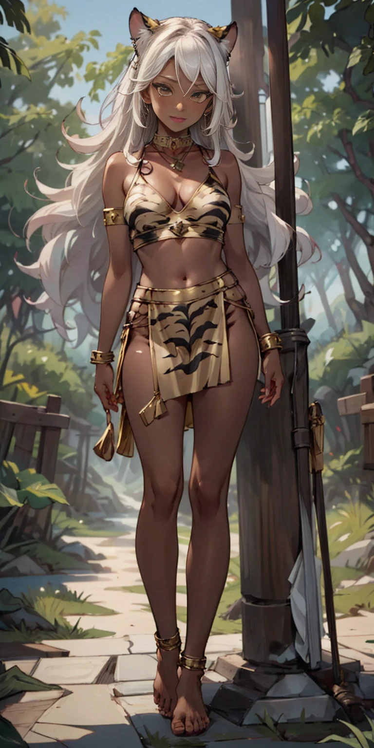(Masterpiece, best quality, intricate details, 1sologirl) iron collar, arms behind back, iron cuffs, shackles, leather collar choker neck bell, bound ((standing by wooden pole:1.2)) ((female Black Dark skin Gyaru)) show entire body frontal position, feet in view, realistic, gorgeous 16y.o. darkest skinned mixed race female, black African, transparent black pantyhose, legs open, museum,barefoot no shoes, looking to viewer straight symmetrical, white silver long hair