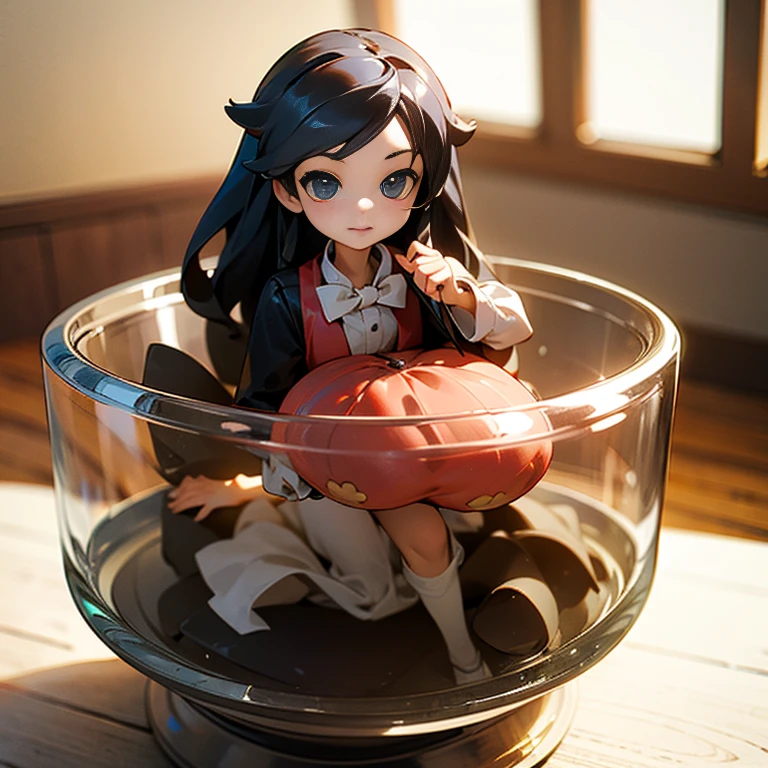 3D-objection of a very cute girl figure in a jar, Masterpiece((must)), Palm-sized, cute, The face is dense((must)), tiny miniature