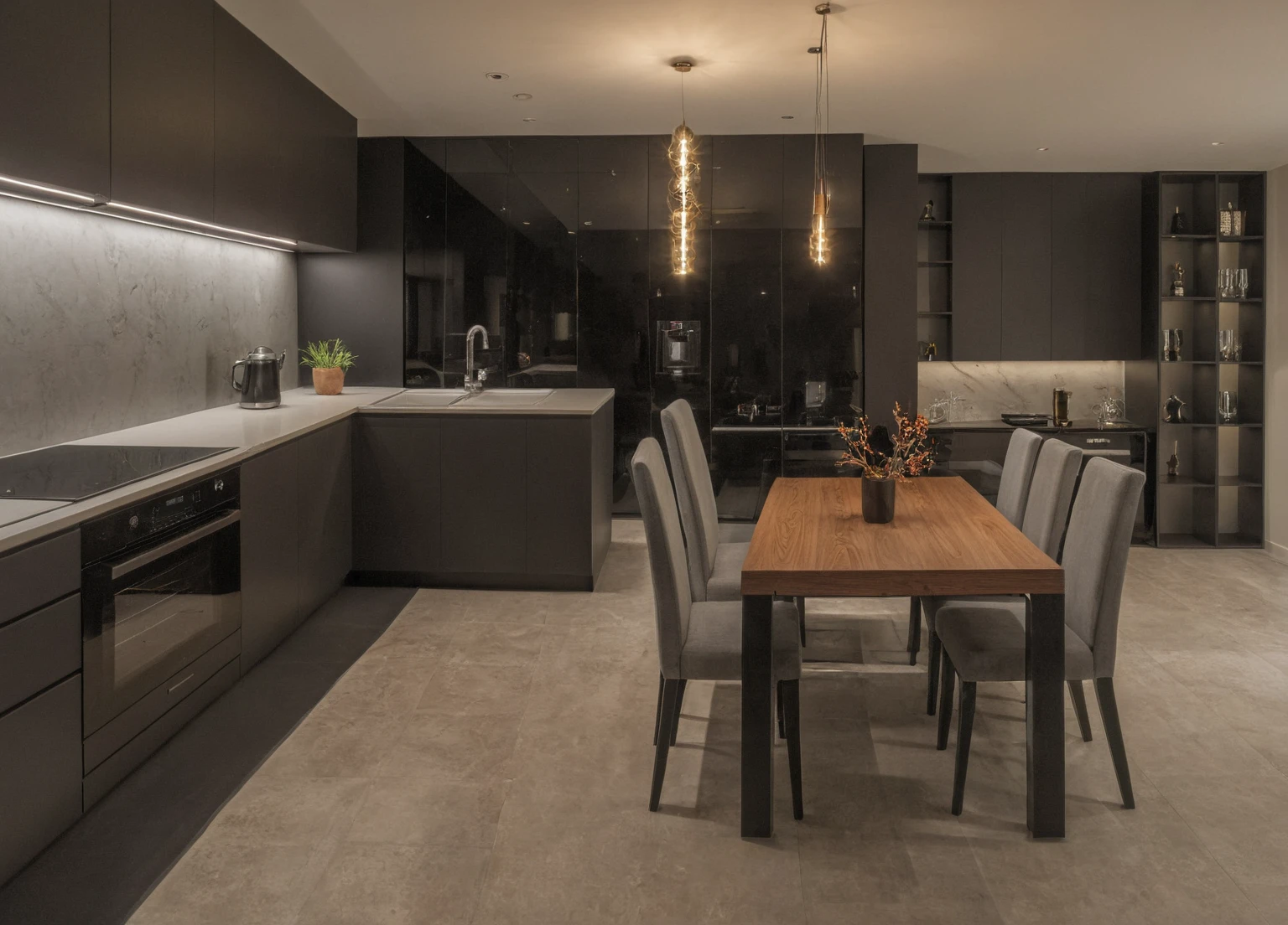 Modern kitchen, faucet, kitchen cabinets, kitchen shelves, dining table, electric stove, gas stove, deodorizer, decorative lights, leb