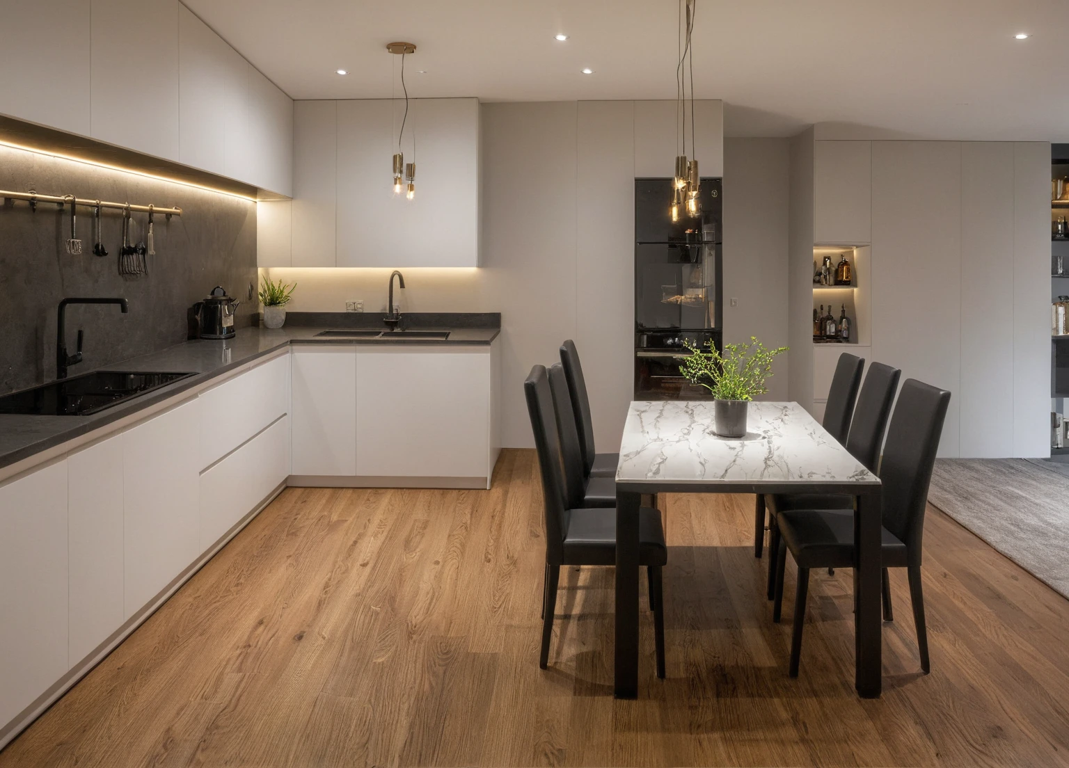 Modern kitchen, faucet, kitchen cabinets, kitchen shelves, dining table, electric stove, gas stove, deodorizer, decorative lights, leb