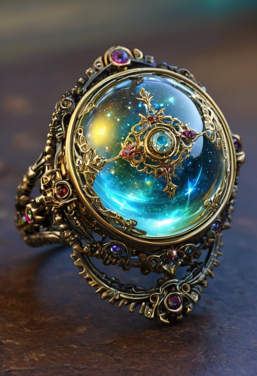 a close up of a ring with a glowing orb inside of it, the orb of time, magic crystal ring, the magical ring of three wishes, magical items, magical glowing time portal, sci-fi magic highly detailed, ornate galactic gold, mystical setting, ornate gilded cosmic machine, magic and steam - punk inspired, detailed jewelry, armillary rings jewelry, magical particles
