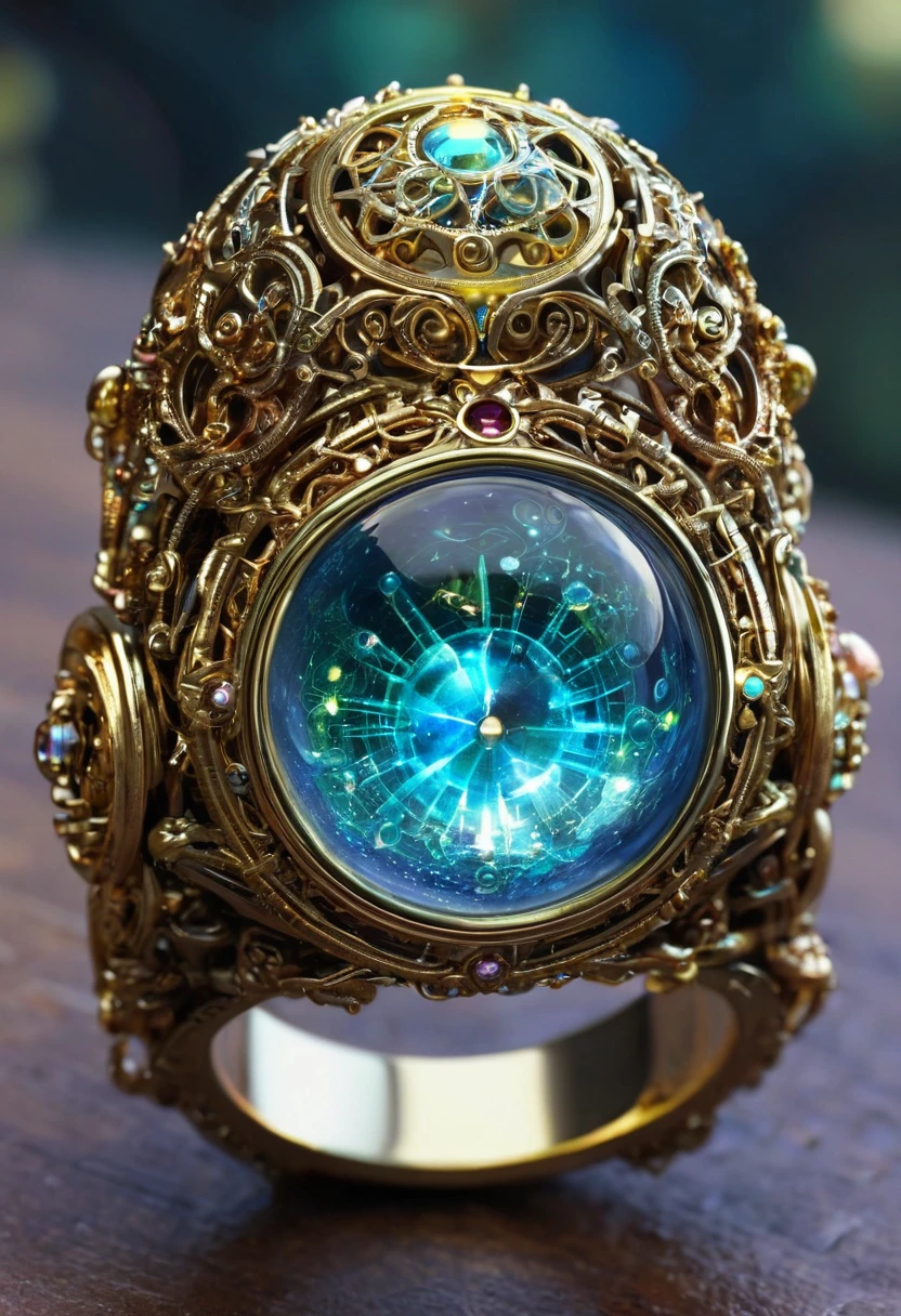 a close up of a ring with a glowing orb inside of it, the orb of time, magic crystal ring, the magical ring of three wishes, magical items, magical glowing time portal, sci-fi magic highly detailed, ornate galactic gold, mystical setting, ornate gilded cosmic machine, magic and steam - punk inspired, detailed jewelry, armillary rings jewelry, magical particles