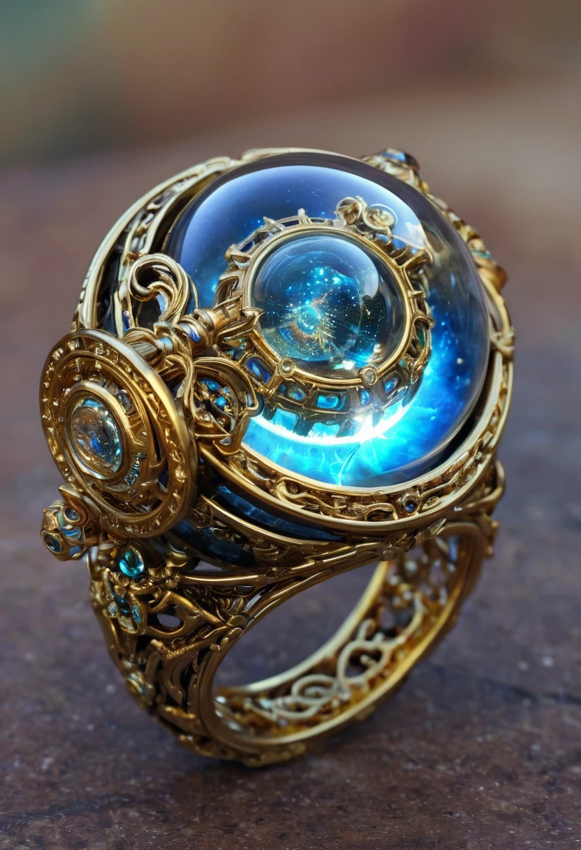 a close up of a ring with a glowing orb inside of it, the orb of time, magic crystal ring, the magical ring of three wishes, magical items, magical glowing time portal, sci-fi magic highly detailed, ornate galactic gold, mystical setting, ornate gilded cosmic machine, magic and steam - punk inspired, detailed jewelry, armillary rings jewelry, magical particles