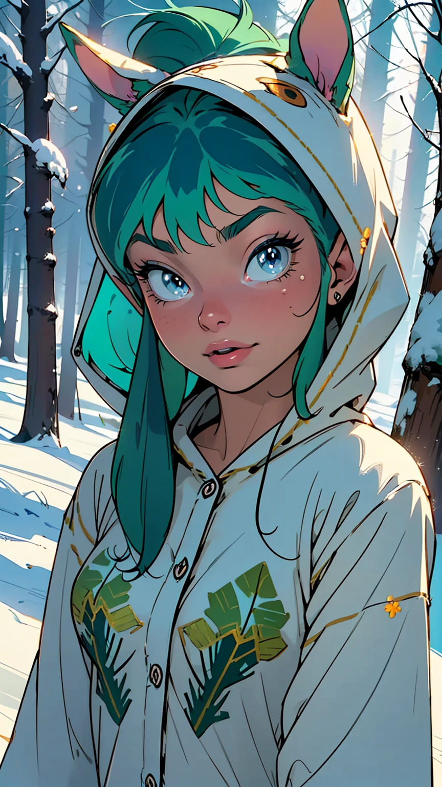 cute lum,(((little ,tiny little body,little))),(((6 years old))),((anime elf with extremely cute and beautiful green hair)), (((green hair:1.35,messy aqua hair,colored inner hair,ear breathing)))),(((blue_eyes:1.3))),intricate eyes,beautiful detailed eyes,symmetrical eyes,big eyes:1.5,(((lustrous skin:1.5,bright skin: 1.5,skin tanned,shiny skin,very shiny skin,shiny body,plastic glitter skin,exaggerated shiny skin,illuminated skin))),(detailed body,(detailed face)), cute,slutty,erotic,daring,((nsfw)), (((kigurumi, onesies,bunny pajama,Hooded Pajamas,Animal Pajamas))),((slippers)),(((intricate pajama,embroidered pajama,ornate pajama))), (dynamic pose:1.0),(happy),(centered,scale to fit dimensions,Rule of thirds), ((snowy pine forest)),winter,scenery:1.25,((intricate scenery)),((snow forest background)),Christmas tree, (Glossy winter ornaments),highres,sharp focus,(ultra detailed,extremely detailed),(photorealistic artwork:1.37),(extremely detailed CG unity 8k wallpaper),(((vibrant colors,vibrant theme))),(intricate),(masterpiece),(best quality),