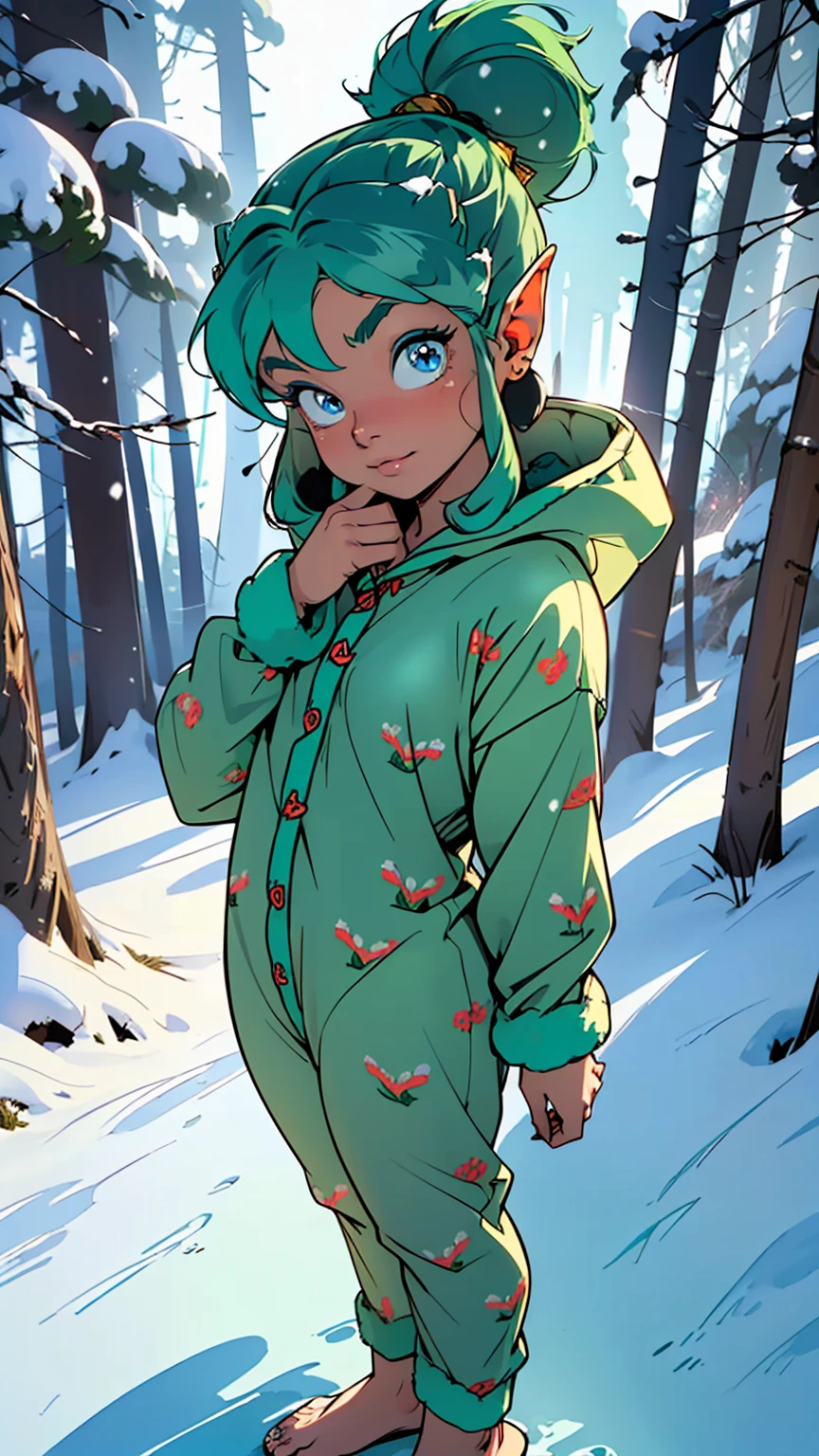 cute lum,(((little ,tiny little body,little))),(((6 years old))),((anime elf with extremely cute and beautiful green hair)), (((green hair:1.35,messy aqua hair,colored inner hair,ear breathing)))),(((blue_eyes:1.3))),intricate eyes,beautiful detailed eyes,symmetrical eyes,big eyes:1.5,(((lustrous skin:1.5,bright skin: 1.5,skin tanned,shiny skin,very shiny skin,shiny body,plastic glitter skin,exaggerated shiny skin,illuminated skin))),(detailed body,(detailed face)), cute,slutty,erotic,daring,((nsfw)), (((kigurumi, onesies,bunny pajama,Hooded Pajamas,Animal Pajamas))),((slippers)),(((intricate pajama,embroidered pajama,ornate pajama))), (dynamic pose:1.0),(happy),(centered,scale to fit dimensions,Rule of thirds), ((snowy pine forest)),winter,scenery:1.25,((intricate scenery)),((snow forest background)),Christmas tree, (Glossy winter ornaments),highres,sharp focus,(ultra detailed,extremely detailed),(photorealistic artwork:1.37),(extremely detailed CG unity 8k wallpaper),(((vibrant colors,vibrant theme))),(intricate),(masterpiece),(best quality),