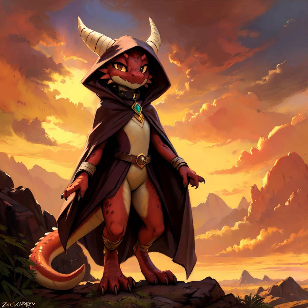 (((by Zackary911, by Kenket, by Kilinah))), solo female, bright gold skin, gold scales, (((Kobold)), (detailed kobold)) wearing a cloak with a hood, gem on the collar, bandaged thighs and bandaged chest, squirrel ears, kobold tail, front view, looking at the observer with a smug smile, perspective, finely detailed paws,