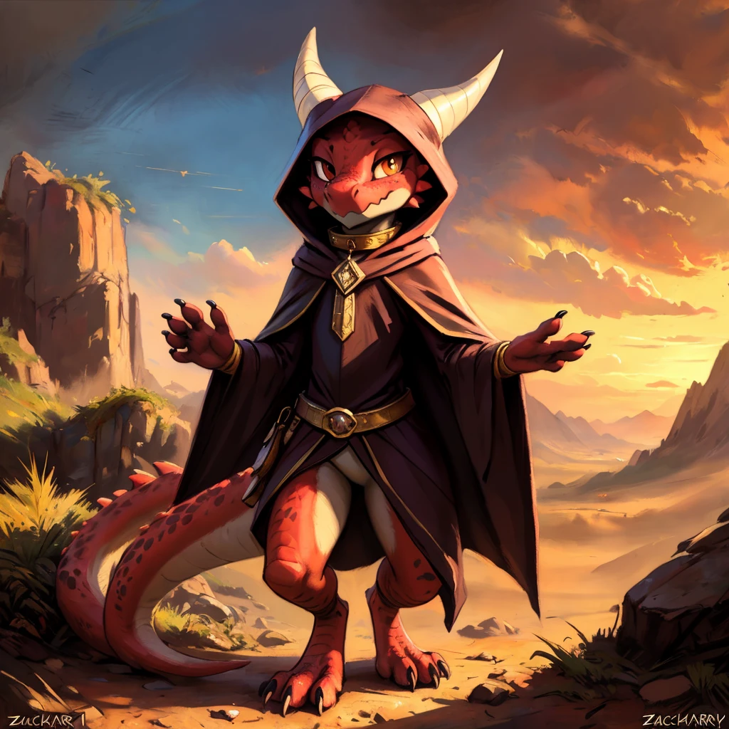 (((by Zackary911, by Kenket, by Kilinah))), solo female, bright gold skin, gold scales, (((Kobold)), (detailed kobold)) wearing a cloak with a hood, gem on the collar, bandaged thighs and bandaged chest, squirrel ears, kobold tail, front view, looking at the observer with a smug smile, perspective, finely detailed paws,