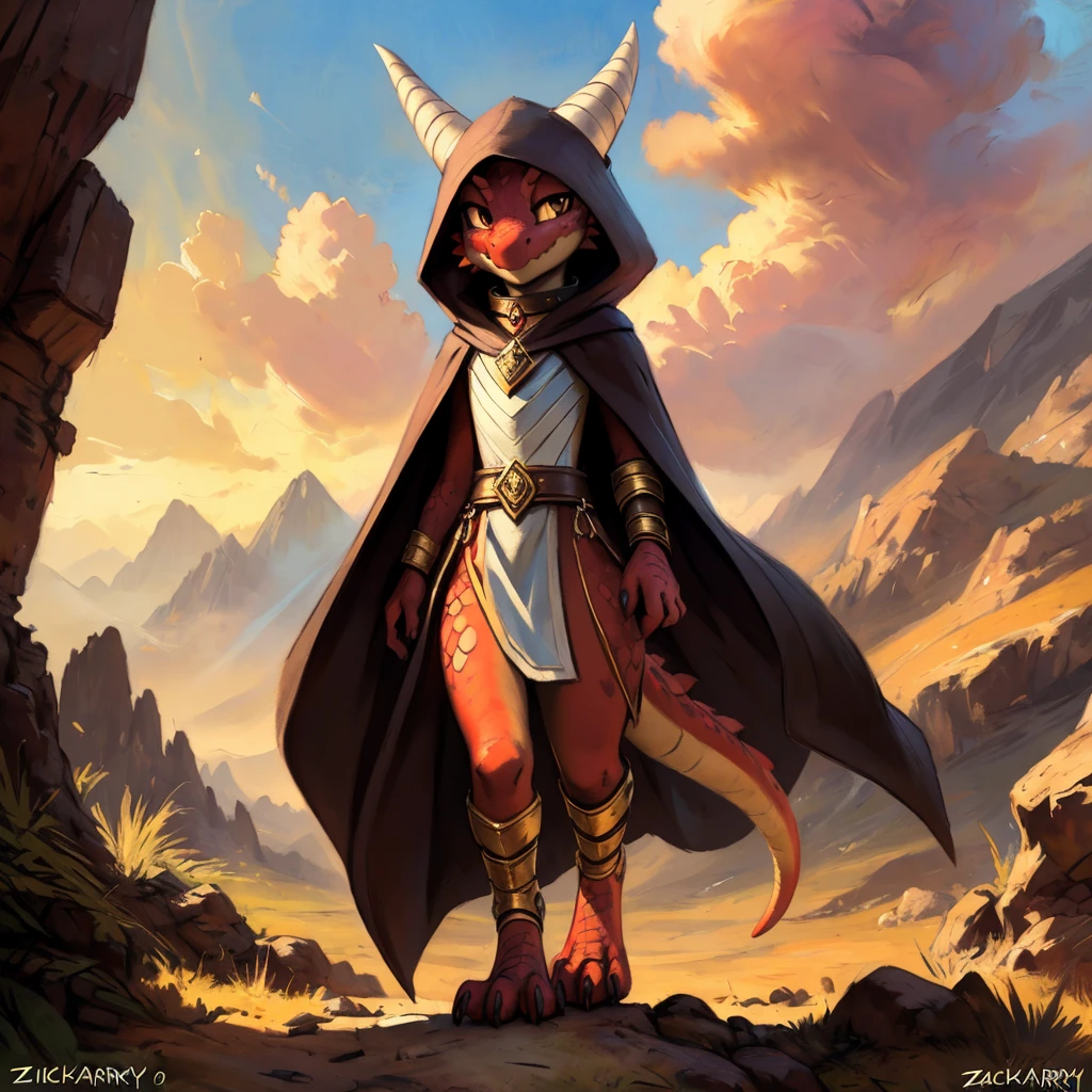 (((by Zackary911, by Kenket, by Kilinah))), solo female, bright gold skin, gold scales, (((Kobold)), (detailed kobold)) wearing a cloak with a hood, gem on the collar, bandaged thighs and bandaged chest, squirrel ears, kobold tail, front view, looking at the observer with a smug smile, perspective, finely detailed paws,