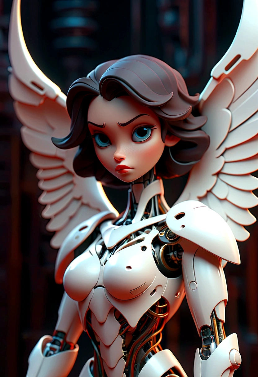 Intricate 3d rendering ultra-detailed beautiful angel of death, biomechanical robot, Futuristic Room