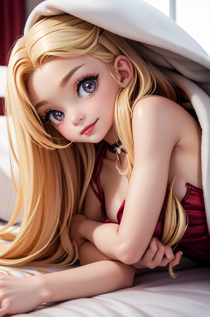 hyperrealistic  American teen, be, perfect tiny body, sexy, dark makeup, small choker, perfect slim face, big red lips, very cute face, tiny body, big eyes, young looking, smiling, across bed
