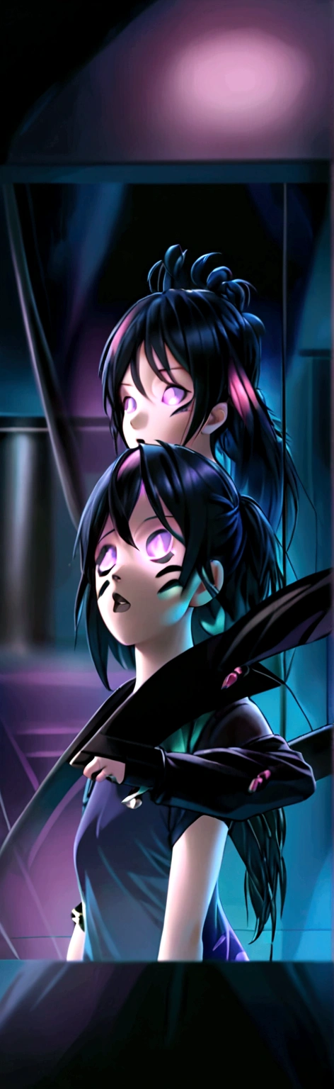 Adult Asian woman with pink eyes and dark blue hair tied in a ponytail that is not dyed pink with bangs that go down to her nose divided into three strands, with part of one of the strands of the bangs being dyed pink, She wears a black leather jacket with a purple shirt underneath and a katana on her waist with dark gray jeans and black leather boots in a secret base in an empty dark underground parking lot with some metal boxes in the background and bluish lighting. 