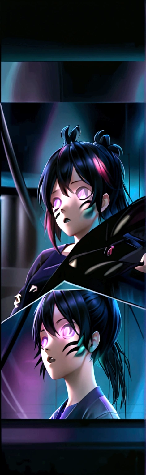 Adult Asian woman with pink eyes and dark blue hair tied in a ponytail that is not dyed pink with bangs that go down to her nose divided into three strands, with part of one of the strands of the bangs being dyed pink, She wears a black leather jacket with a purple shirt underneath and a katana on her waist with dark gray jeans and black leather boots in a secret base in an empty dark underground parking lot with some metal boxes in the background and bluish lighting.