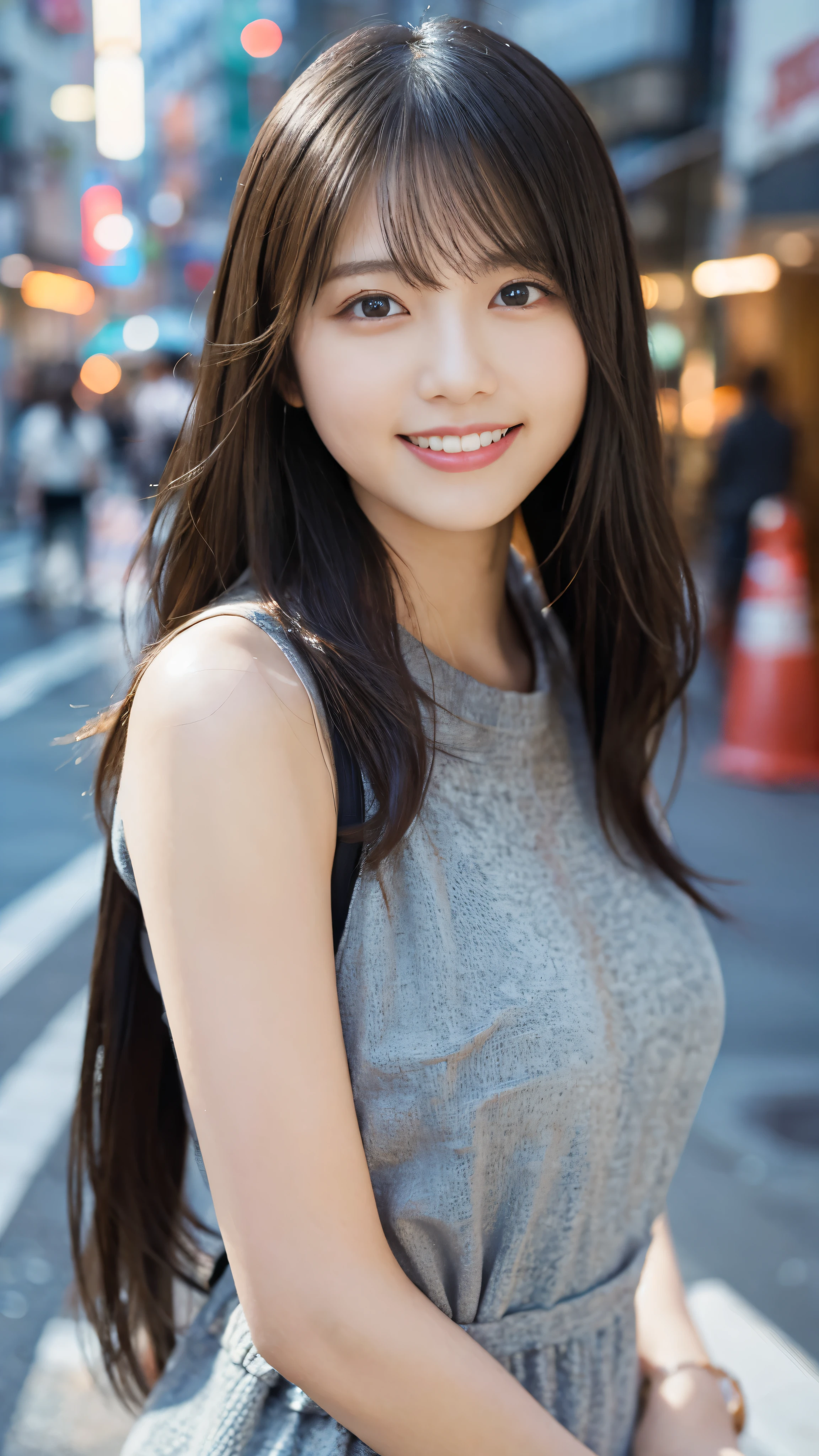 1 girl、on tokyo street、A city scape、The upper part of the body、a closeup、A smile、、Raw photography、top-quality、masterpiece:1.2)、(realisitic、photoRealstic:1.37)、Highly detailed eyelash drawing、(((Top image quality))),Colossal 、Fine skin, (Beautiful hair), (Perfect Anatomy), (Realistic), (Dynamic Angle), Pose Seductive,Perfect,Sensual look、top-quality、hight resolution、smile、smile