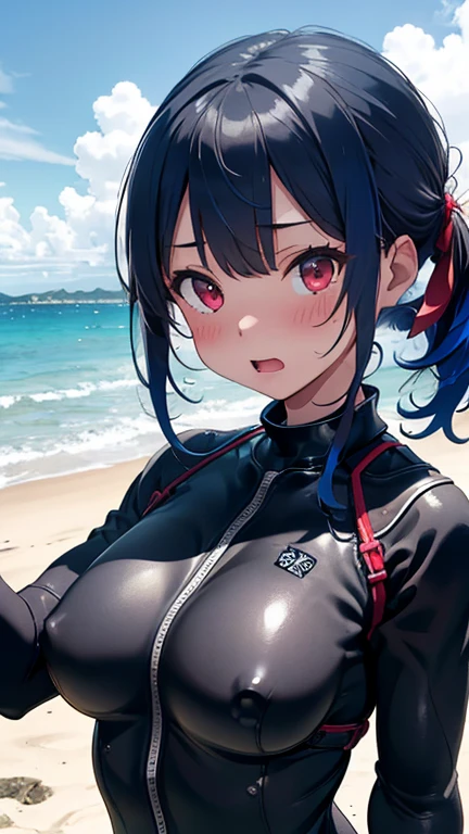 mastute piece,Best Quality,insanely detailed,8k cg,nsfw,
(shoot upper body:1.3),
(1girls:1.3),standing,looking at viewr,body in front,both arms behind back,(wetsuit:1.3),(bare breasts:1.1),(bare nipples:1.1),
break,
blush,shy,(ecstasy face),(trembling:1.2),break,(blue hair:1.2),
break,
perfect breasts,perfect teats,(open mouth:0.9),(large breasts:1.2),
(beach)、