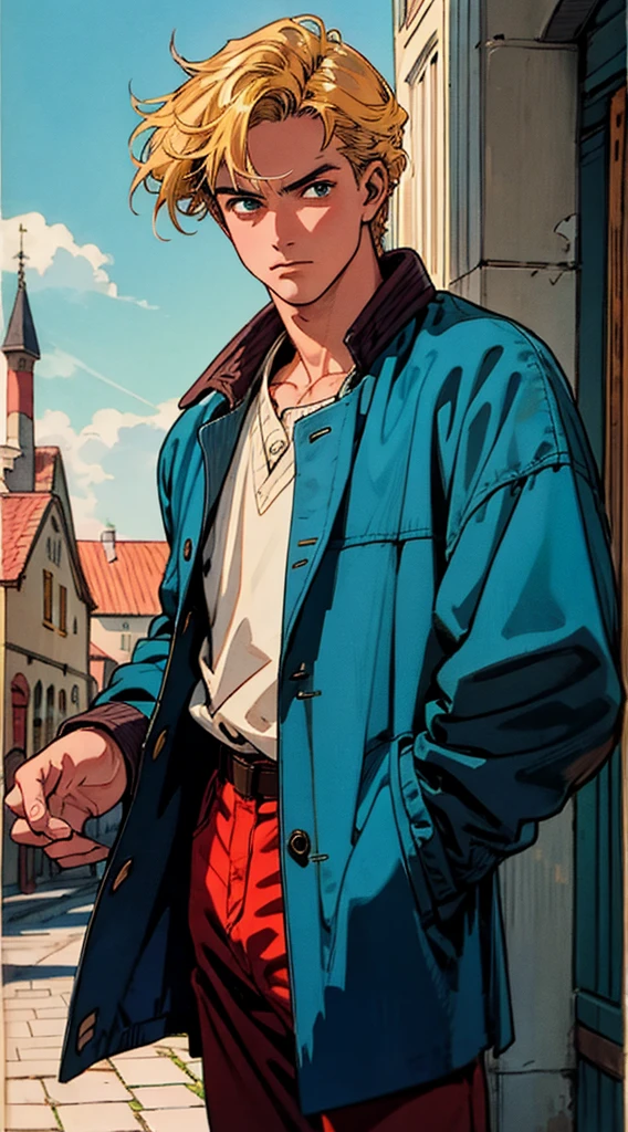 a young man, golden hair, Center-parted hairstyle, a cunning gaze, a fantasy-realistic style blue-red overcoat, a yellow-green undershirt, blue jeans, Within a medieval town of fantasy style, this character embodies a finely crafted fantasy-realistic style wise man in anime style, characterized by an exquisite and mature manga illustration art style, full body character drawing, high definition, best quality, highres, ultra-detailed, ultra-fine painting, extremely delicate, professional, anatomically correct, symmetrical face, extremely detailed eyes and face, high quality eyes, creativity, RAW photo, UHD, 8k, Natural light, cinematic lighting, masterpiece-anatomy-perfect, masterpiece:1.5