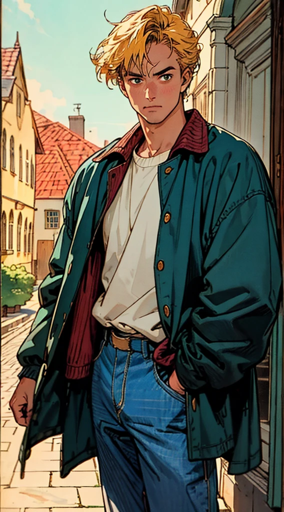 a young man, golden hair, Center-parted hairstyle, a cunning gaze, a fantasy-realistic style blue-red overcoat, a yellow-green undershirt, blue jeans, Within a medieval town of fantasy style, this character embodies a finely crafted fantasy-realistic style wise man in anime style, characterized by an exquisite and mature manga illustration art style, full body character drawing, high definition, best quality, highres, ultra-detailed, ultra-fine painting, extremely delicate, professional, anatomically correct, symmetrical face, extremely detailed eyes and face, high quality eyes, creativity, RAW photo, UHD, 8k, Natural light, cinematic lighting, masterpiece-anatomy-perfect, masterpiece:1.5