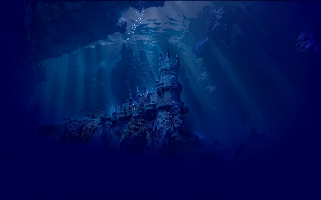 uhd, masterpiece, anatomically correct, textured skin, super detail, high details, high quality, best quality, highres,16K, vivid,Complex intricate details,Very refined depth of field,Photorealism,Professional Lighting,There is a castle in the middle of the deep blue ocean, deep sea landscape, Underwater Edinburgh Castle, Undersea temple, Underwater city, a dark underwater scene, bubble, Deep under the sea, Underwater scenery, A huge floating castle, Under the Deep Sea, Deep under the sea scene, Night on the seabed, Seabed environment, Undersea fish