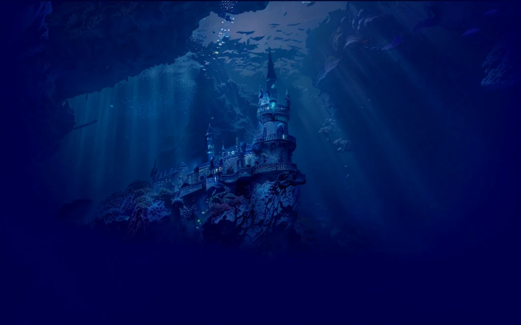 uhd, masterpiece, anatomically correct, textured skin, super detail, high details, high quality, best quality, highres,16K, vivid,Complex intricate details,Very refined depth of field,Photorealism,Professional Lighting,There is a castle in the middle of the deep blue ocean, deep sea landscape, Underwater Edinburgh Castle, Undersea temple, Underwater city, a dark underwater scene, bubble, Deep under the sea, Underwater scenery, A huge floating castle, Under the Deep Sea, Deep under the sea scene, Night on the seabed, Seabed environment, Undersea fish