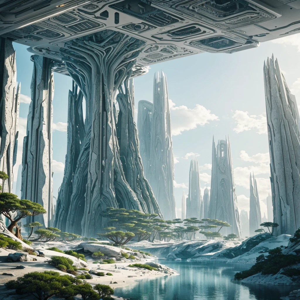 a lush alien landscape, pristine white metallic forerunner architecture, dramatic terrain, exotic flora, futuristic and otherworldly environment, intricate designs, glowing elements, sleek and towering structures, advanced technology, photo-realistic, 8k, highly detailed