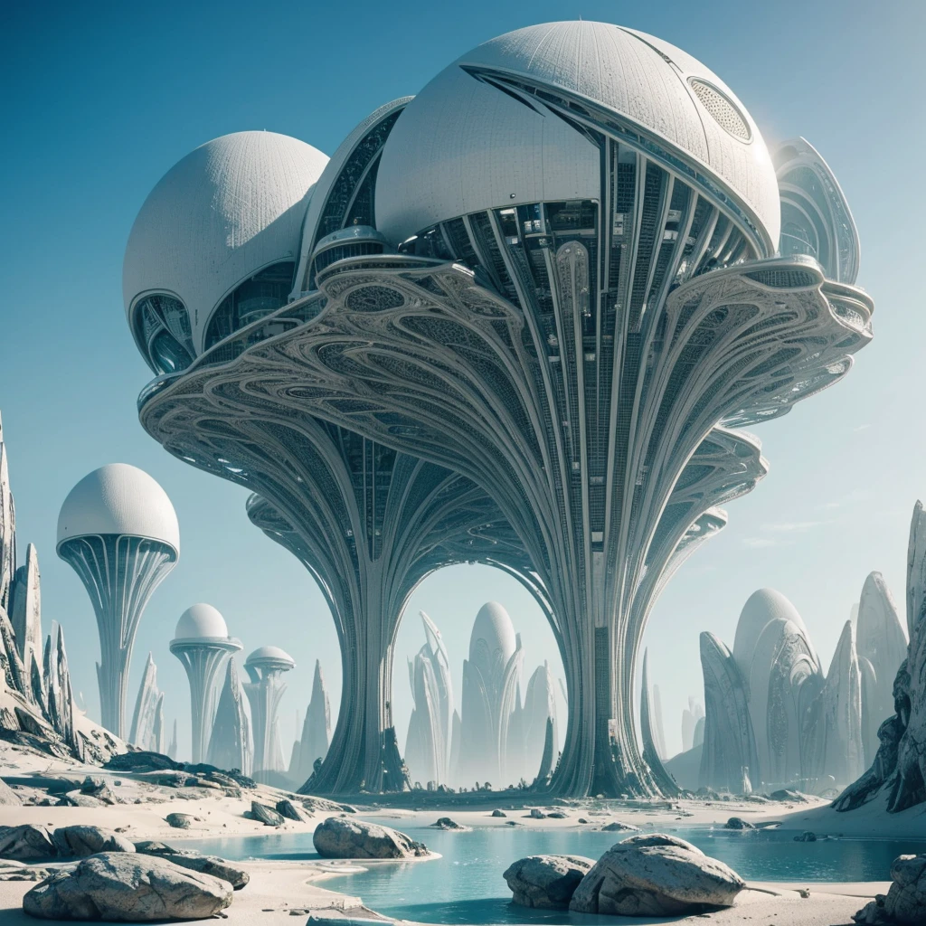 a lush alien landscape, pristine white metallic forerunner architecture, dramatic terrain, exotic flora, futuristic and otherworldly environment, intricate designs, glowing elements, sleek and towering structures, advanced technology, photo-realistic, 8k, highly detailed