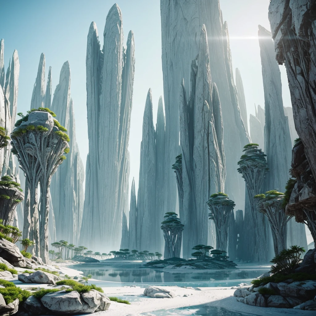a lush alien landscape, pristine white metallic forerunner architecture, dramatic terrain, exotic flora, futuristic and otherworldly environment, intricate designs, glowing elements, sleek and towering structures, advanced technology, photo-realistic, 8k, highly detailed