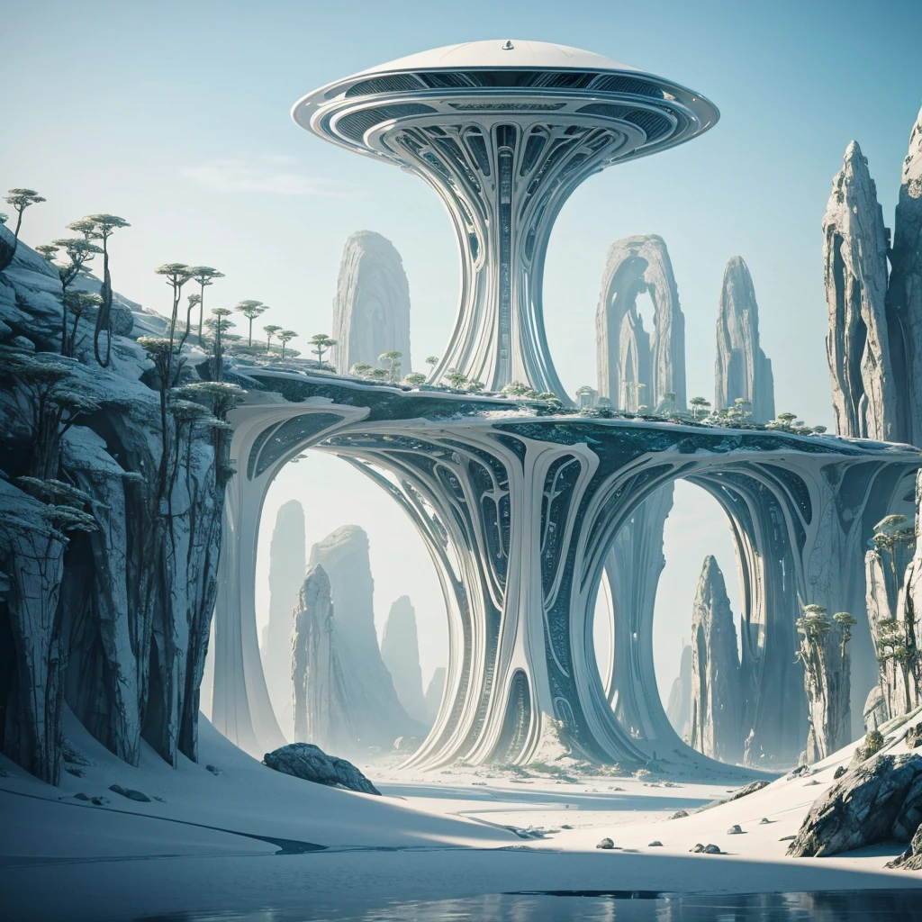 a lush alien landscape, pristine white metallic forerunner architecture, dramatic terrain, exotic flora, futuristic and otherworldly environment, intricate designs, glowing elements, sleek and towering structures, advanced technology, photo-realistic, 8k, highly detailed